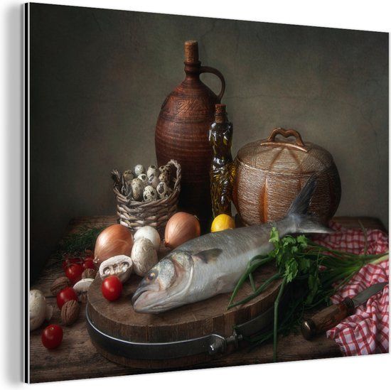 MuchoWow Wanddecoratie Metaal - Aluminium Schilderij Industrieel - Rustiek - Vis - Stilleven - Groente - Kruiden - 40x30 cm - Dibond - Foto op aluminium - Industriële muurdecoratie - Voor de woonkamer/slaapkamer