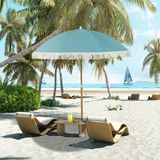 OEM Strandparasol met houten look, Ø 1,7 m, grote parasol met franjes en verstelbare hoogte, UPF50+, inclusief draagtas, lichtblauw