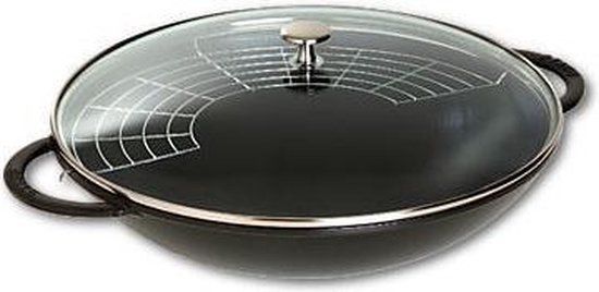 Staub Wokpan - Gietijzer - Zwart - 37 cm - Inclusief glazen deksel