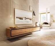 Stonegrace Meuble TV 200 cm chêne naturel 4 portes placage pierre flottant