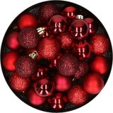 Merkloos / Sans marque Kaemingk B.V. 28x Kunststof Kerstballen Rood/Donkerrood Mix 3 cm