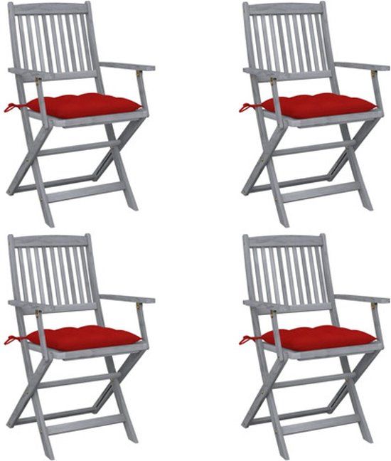 vidaXL Set van 4 klapstoelen met kussens, massief acaciahout, rood
