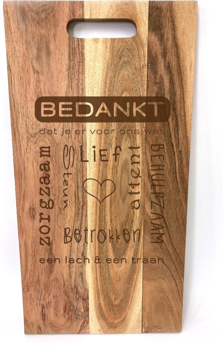 SandD-art Grote acacia snijplank-hapjesplank met tekst gravure : BEDANKT DAT JE ER VOOR ONS WAS. Cadeau-bedankje-special iemand. Het formaat is 25x50cm