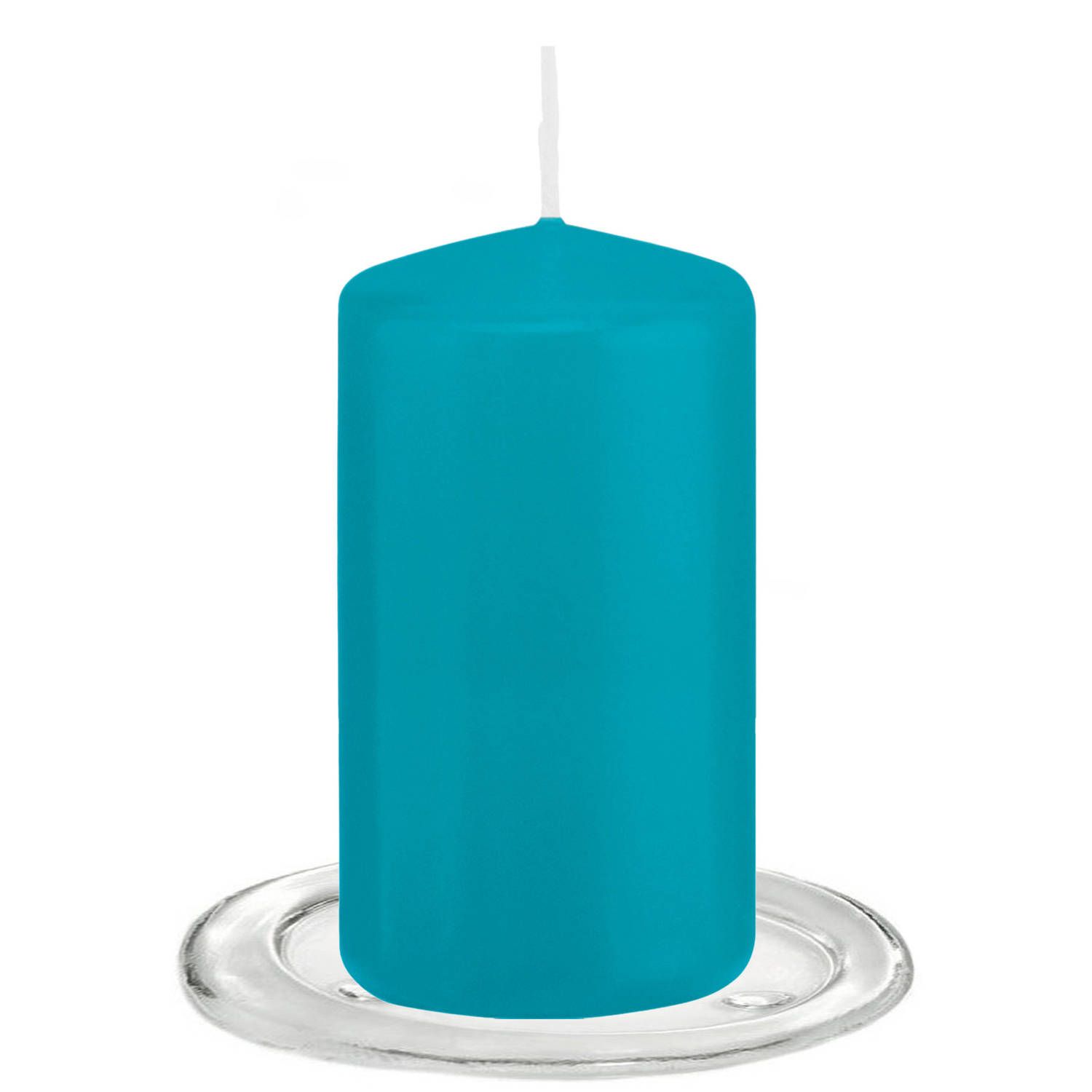 Trend Candles - Stompkaarsen met glazen onderzetters set van 2x stuks Turquoise blauw 6 x 12 cm