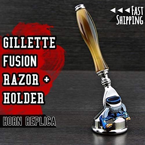 Haryali London Luxe hoorn scheercollectie van || 5 rand compatibel scheermes - luxe hoorn onbreekbaar hars handvat & verchroomd roestvrij staal scheermeshouder - prachtig display