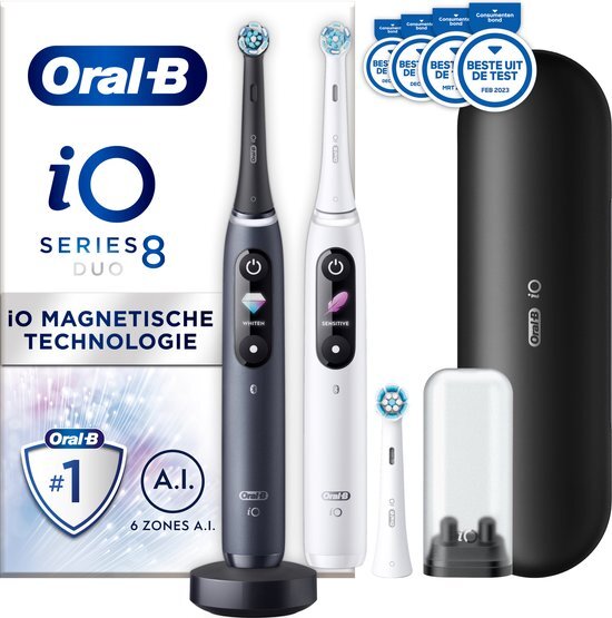 Oral-B iO – 8 – elektrische tandenborstels, 2 stuks, wit en zwart, bluetooth verbonden