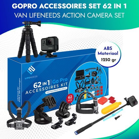 LifeNeeds 62 in 1 GoPro Kit – GoPro Accessoires – Go pro accessoires – Action Cam– GoPro Hero 10 – GoPro Hero 9 – GoPro Hero 8