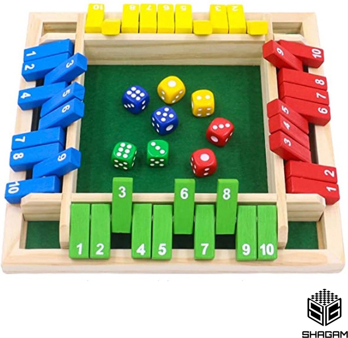 Shagam Shut The Box - 4 Spelers - Kleur - Hout - Dobbelspel - Inclusief dobbelstenen - Kansspel - Drankspel - Houten Spel - Reisspel - Rekenspel