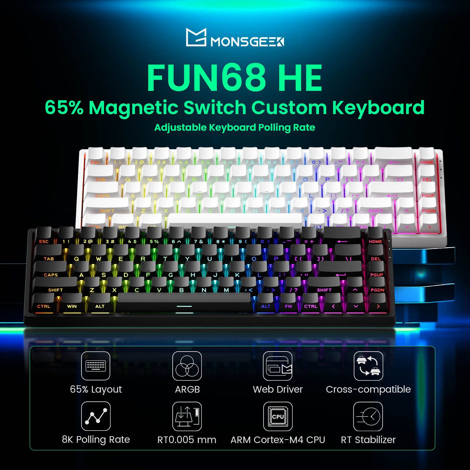 Akko MonsGeek FUN68 HE Magnetisch Toetsenbord 65% Snelle Trigger 0.005mm 8000Hz ARGB Bedraad Draadloos Gaming Aangepast Toetsenbord voor Gaming Gear
