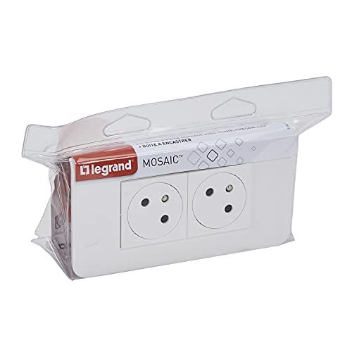 LEGRAND Complete set voor dubbel stopcontact, 2 x 2P+T – serie Mosaic Link schuin 45° – stopcontact met plaat en inbouwdoos – wit