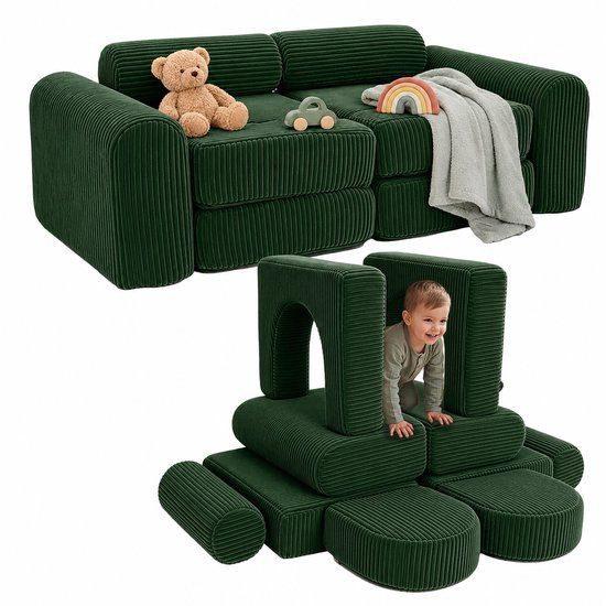 Merkloos Relaxdays kinder speelsofa - 10-delig - ribfluweel - donkergroen
