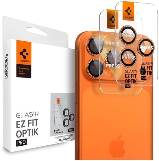 Spigen Camera Lens Protector Geschikt voor iPhone 17 Pro / 17 Pro Max - Glas.tR EZ Fit Optik Pro - 9H Tempered Glass - Gemakkelijke Installatie - Oranje 2-Pack