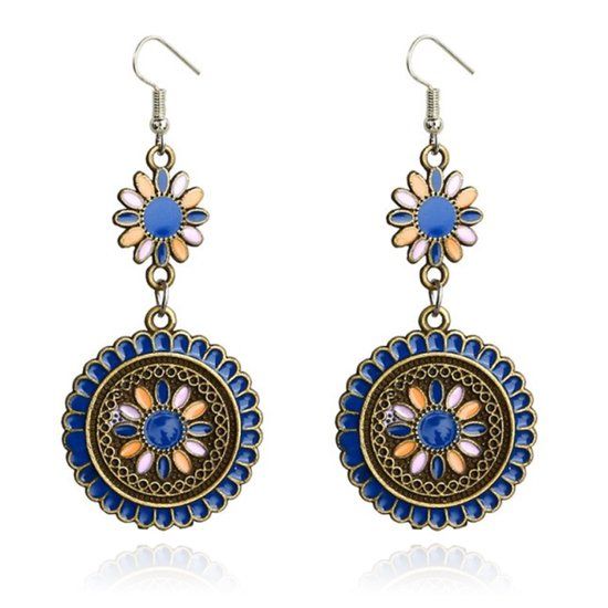 Deja Jewels Lookinggoodtoday Ronde dames oorhangers met bloemvorm Ibiza multicolor blauw