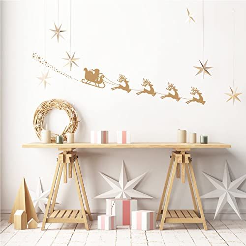 Ambiance Sticker Kerstmis-stickers, zelfklevend, Kerstmis, decoratie, feestjes voor slaapkamer en woonkamer, slee van de kerstman en rendier, H 90 x B 195 cm