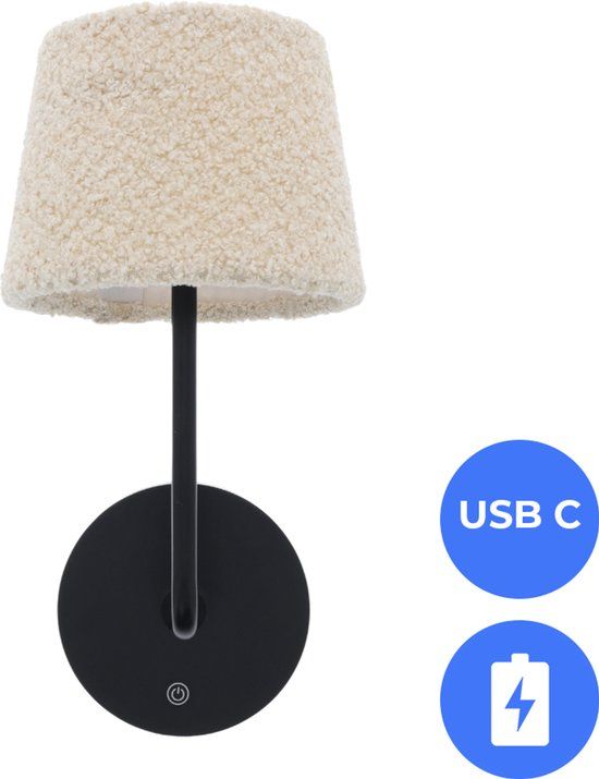 Fonkel Bedlamp Wandlamp Leeslamp Oplaadbaar CCT LED 3Watt ZWART - Teddy stof crème