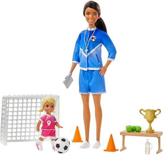 Barbie GJM71 Voetbaltrainer, speelset met pop (brunet) en accessoires, speelgoed vanaf 3 jaar