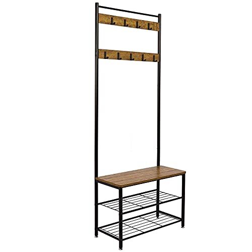 Meerveil Moderne kledingstandaard, industriële stijl, metalen garderobe met schoenenrek, afneembare haken, ronde buis van metaal, 70 x 32 x 175 cm (bruin)