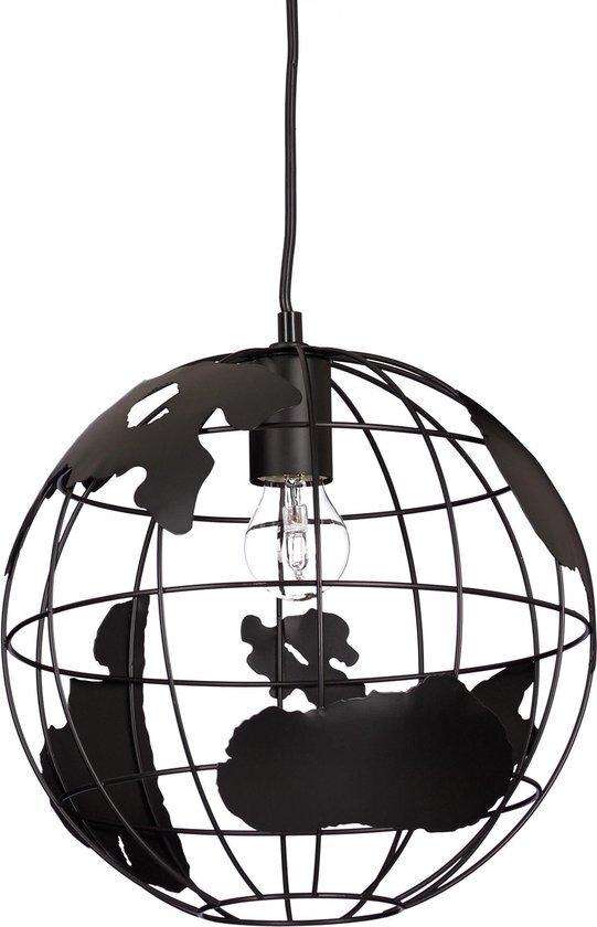 Relaxdays hanglamp wereldbol - bolvormige plafondlamp - wereld - pendellamp - metaal zwart