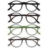 OPULIZE REY Leesbril - 4-Pack - Retro Rond Montuur - Matzwart, Bruin Schildpadpatroon, Groen, Grijs - Heren Dames - Veerscharnieren - RRRR56-1267 - +3.00