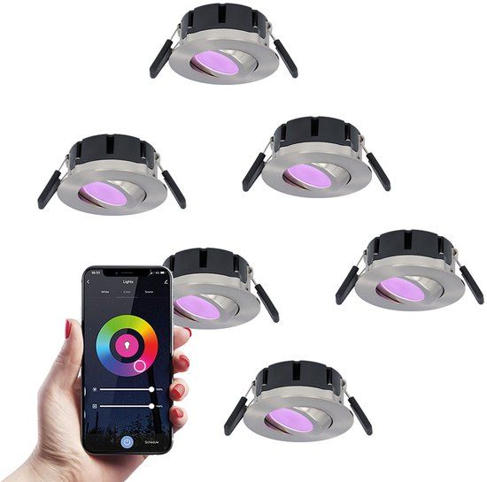 HOFTRONIC SMART 6x Smart LED inbouwspots Napels RVS 8 Watt RGBWW IP65 kantelbaar WiFi + Bluetooth
