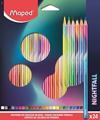 Maped - Nightfall Kleurpotloden van hout – driehoekige vorm, uitstekende grip – zacht en duurzaam, diameter 2,9 mm – levendige en intense kleuren – doos met 24 stiften