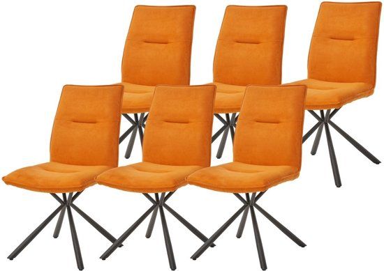 WAYS. Set van 6 - Oranje Stoffen Eetkamerstoelen - Modern Design - Metalen Poten
