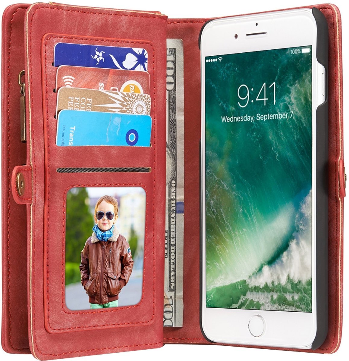 CaseMe Luxury Wallet Case Rood iPhone 7 Plus / 8 Plus