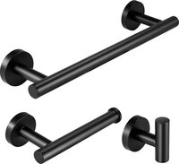 3-Delige RVS Badkamerset - Wandmontage - Zwart - Handdoekhouder, Toiletrolhouder & Robehaak