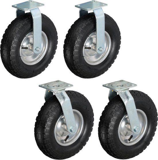 Merkloos Relaxdays 4-delige set bokwielen en zwenkwielen - Luchtband - 260 mm - 120 kg - Zwart/Zilver
