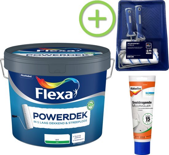 FLEXA Powerdek Muurverf - Muren & Plafonds - Binnen - Stralend Wit - 10 L + Alabastine Muurvuller + Muurverfset