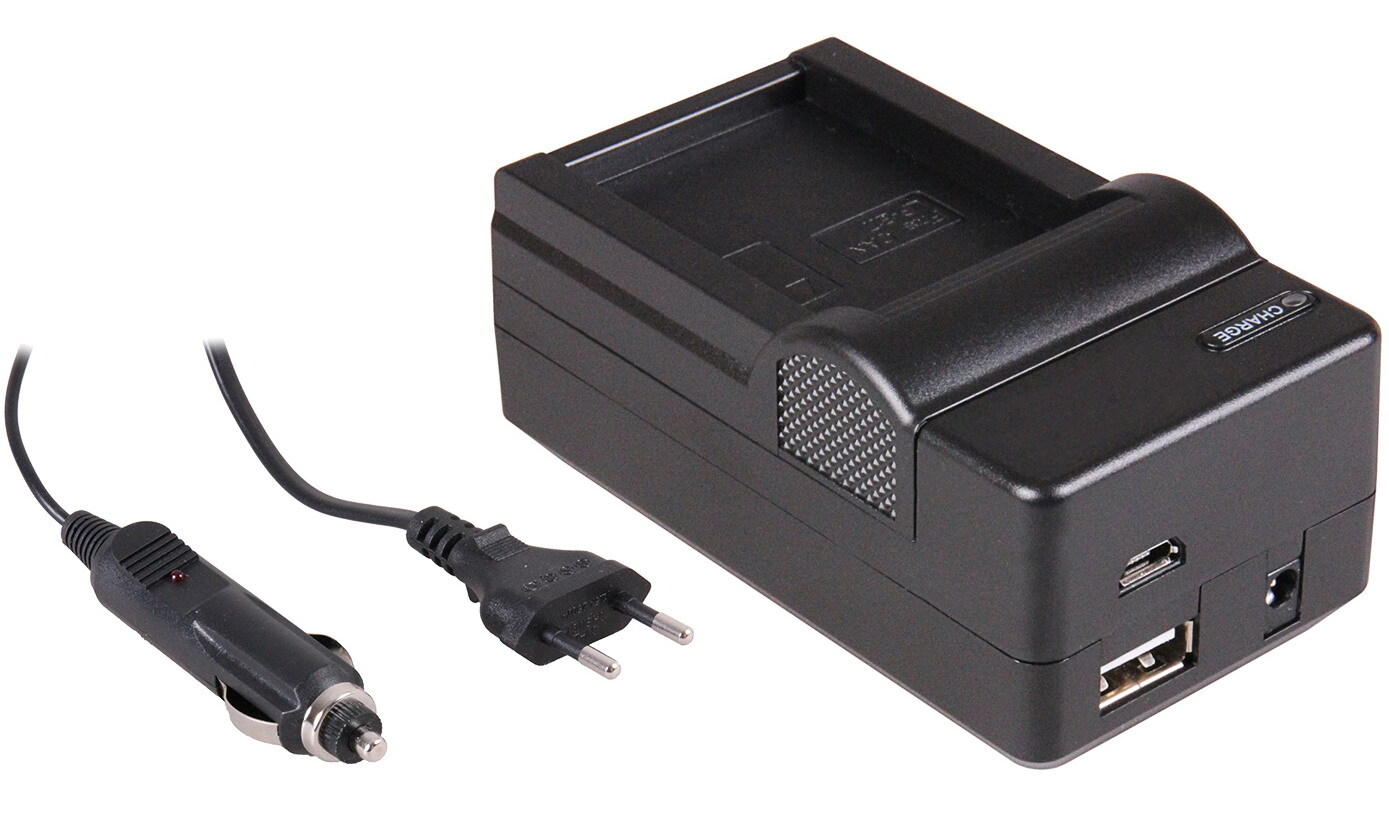 - (compatible) 4-in-1 acculader voor Olympus BLH-1 accu - compact en licht - laden via stopcontact, auto, USB en Powerbank