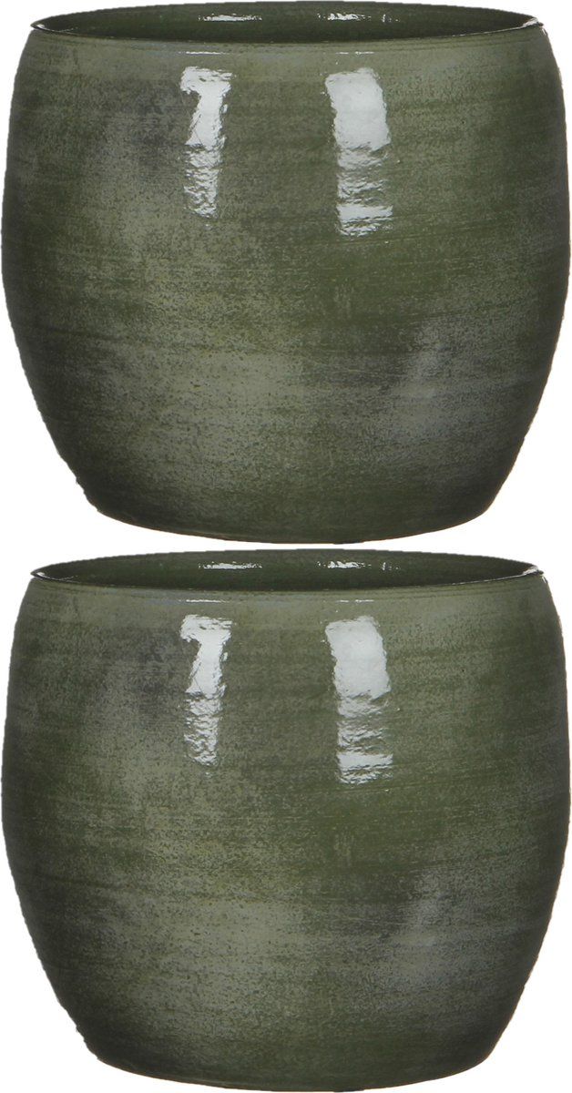 Mica Decorations - Bloempot - Groen - Keramiek - H18 x D18 cm - 2 stuks