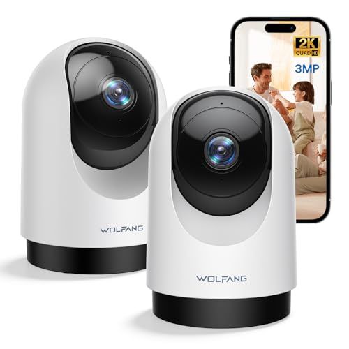 WOLFANG 2K Beveiligingscamera Binnen, Wifi-camera 3 MP, Huisdier-hondencamera, Babyfoon met Bewegingsdetectie, 360° Rotatie, Nachtzicht, 2-Weg Audio, Wolk/SD, Werkt met Alexa, Alleen 2,4 GHz, 2 Stuks