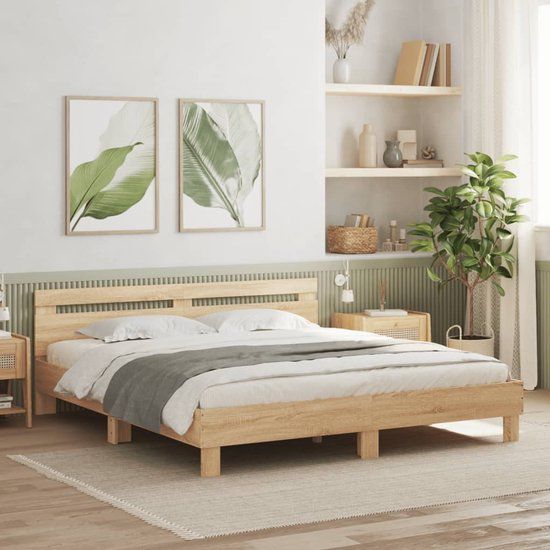 vidaXL Bedframe met hoofdeinde en LED, Sonoma eikenkleurig, 200x200 cm