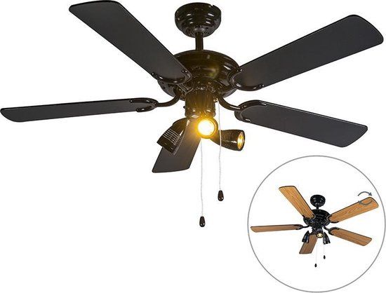QAZQA Mistral - Black Ceiling Fan with Light - 110cm - 3 Lights - Living Room | Bedroom | Kitchen