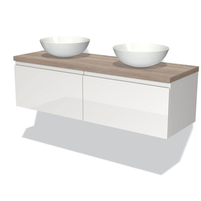 Maxaro Badkamermeubel Modulo Plato 140cm Hoogglans Wit 2 Lades Greeploos Eiken Blad