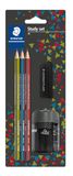 STAEDTLER Noris 183 Potlood, gemaakt van geüpcycled hout, antislip zacht oppervlak, blisterkaart met 3 potloden HB, 1 gum en puntenslijper, 183 SBK3P1