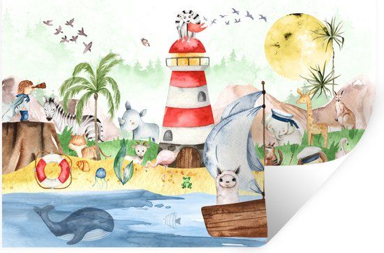 StickerSnake Muursticker Kinderkamer Strand Dieren Vuurtoren 60x40cm