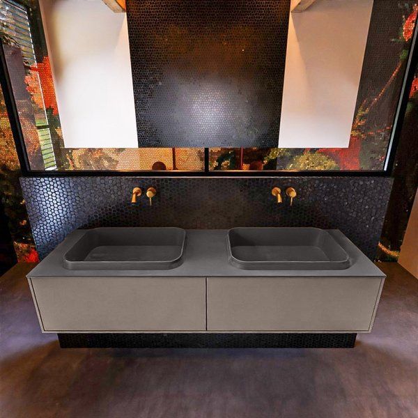 Mondiaz ERIN 150cm badmeubelset onderkast Smoke met 2 lades Wastafel RIDGE dubbel Dark grey ERIN11691