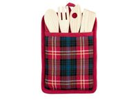 H&H Tartan pollepel van gerecycled katoen, met 4 gebruiksvoorwerpen en theedoek