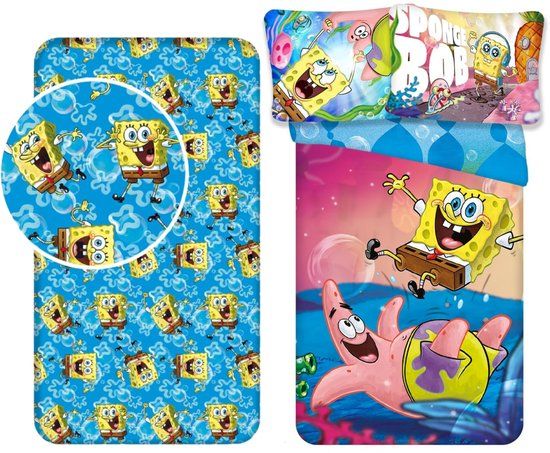 4KidsOnly Spongebob dekbedovertrek + hoeslaken, Katoen, Eenpersoons, 140x200 cm