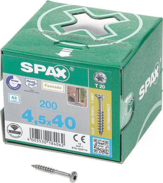 Spax Spaanplaatschroef RVS T20 4.5x45mm - 200 stuks