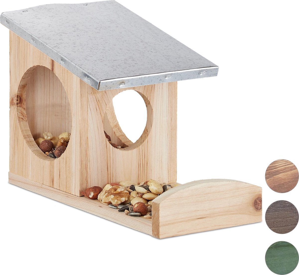 Relaxdays eekhoorn voederhuisje - om op te hangen - metalen dak - hout - eekhoornhuis zilver, Lichtbruin