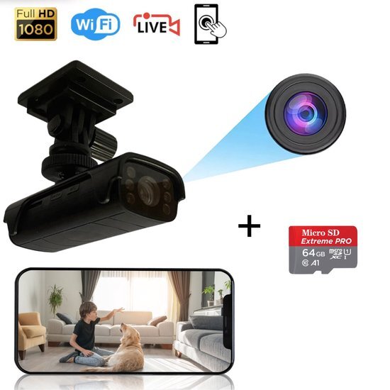 SuperCam® 64GB SD - Wifi - Verborgen camera A5 - Beveiligingscamera - Draadloze camera - Mini camera - Beveiliging - Sd kaart - Smart - Spy camera