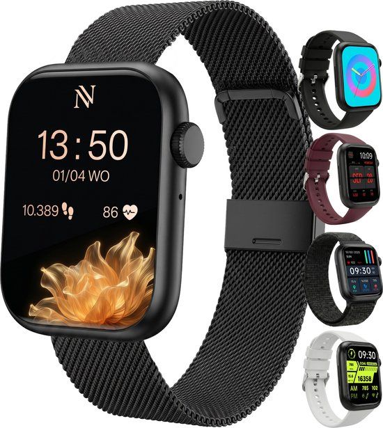 Nuvance Smartwatch Dames - Stappenteller Horloge Dames - Hartslagmeter Horloge - Geschikt voor iOS/Android - Incl. 5 Bandjes - Zwart