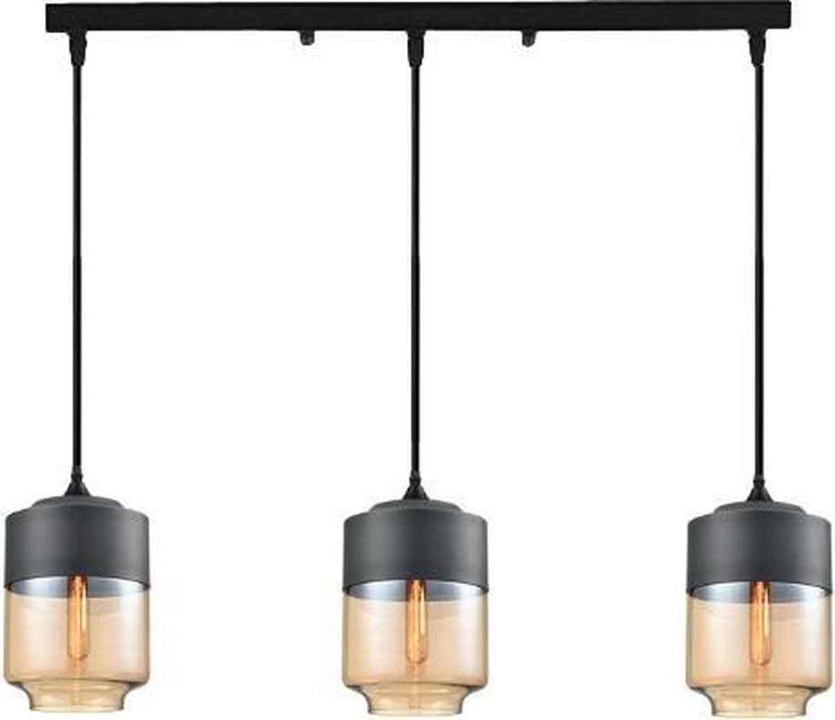 Useled - Hanglamp - Set - 3 stuks - Hoogte 31 cm - Breedte 18 cm - Hanglampen Eetkamer - Woonkamer - Hanglamp Zwart - Hanglamp Glas - Hanglamp Modern - Draadlampen - E27 - Cilinder