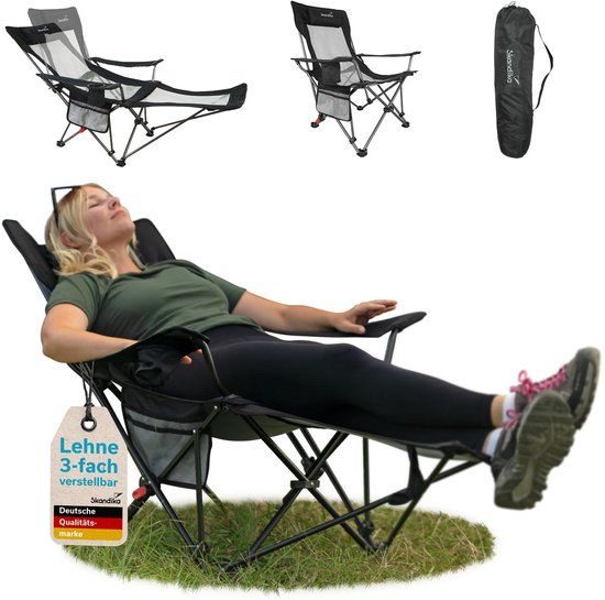 Skandika Toras Campingstoel met voetensteun - Opvouwbaar, ligfunctie, compacte verpakkingsmaat - Klapstoel met bekerhouder - Verstelbare rugleuning - Kampeerstoel outdoor, festival, vissen - 165 x 80 x 89 cm (L x B x H) - zwart