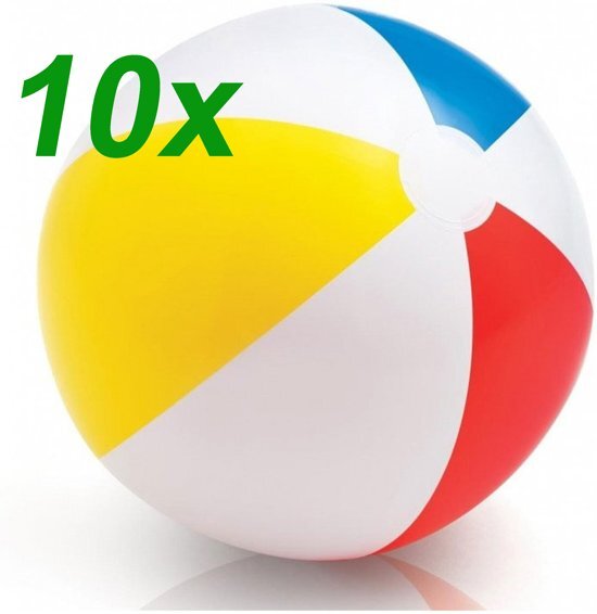 Intex Set 10 x Opblaasbare Geel Rood Blauwe Witte Kinder Strandbal - Vanaf 2 Jaar Peuter Opblaasbaar Zwembad Speelgoed Strand Bal