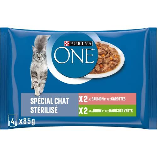 One Purina One Chat Contouring in Saus, Maaltijden voor Volwassen Katten, Zalm, Kalkoen, 4 x 85 g