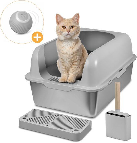 Pawesome - RVS Kattenbak XXL - Grote Kattenbak incl. schep - Katten toilet - Roestvrij stalen kattenbak - Open kattenbak - Vlekvrij, geurvrij, lekvrij en krasbestendig - 60x40x31 cm